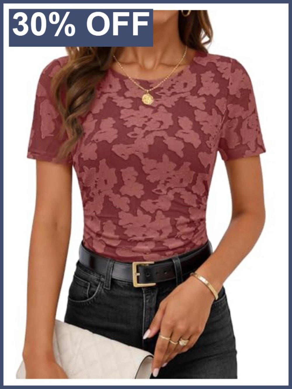 Womens Floral Jacquard Mesh Blouse Short Sleeve Crew Neck Fitted Top